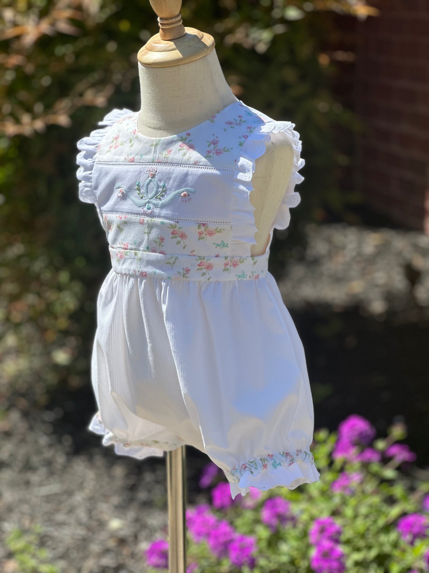 Piper's Heirloom Bubble with Headband Bow, hand shadow embroidery, handmade, 12 Months